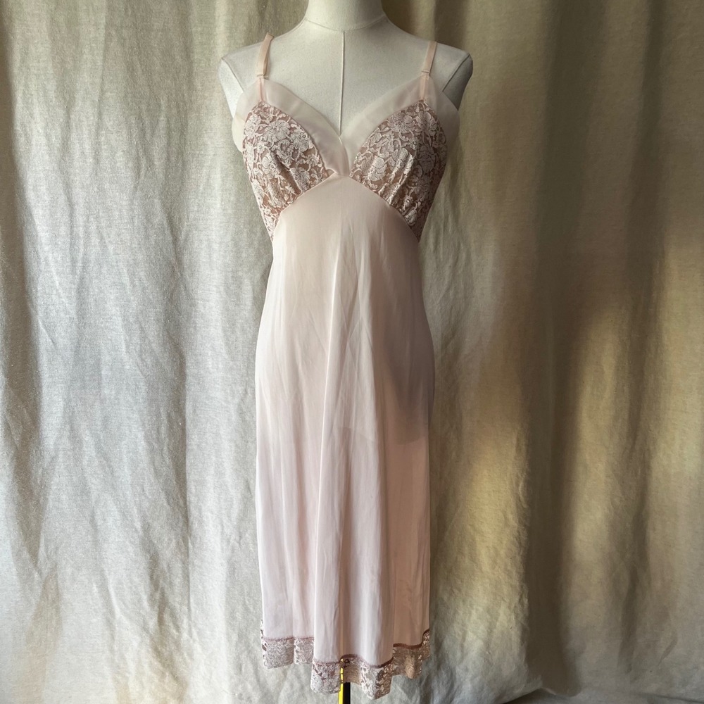 Vintage Corsage Pink Lace Slip Dress Nightgown Sheer Nylon Lingerie 1960s XS/S